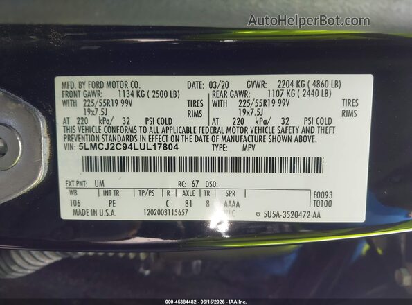 5LMCJ2C94LUL17804 2020 LINCOLN CORSAIR Черный Вид подкапотного пространства
