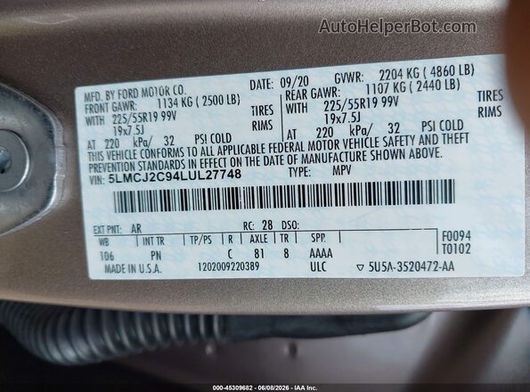 5LMCJ2C94LUL27748 2020 LINCOLN CORSAIR Gold Շարժիչի բաժամունքի տեսք