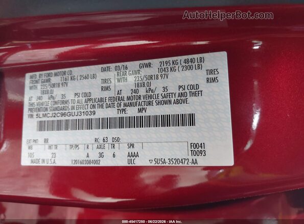 5LMCJ2C96GUJ31039 2016 LINCOLN MKC Красный Вид подкапотного пространства