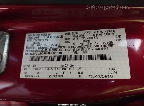 5LMCJ2C96HUL68518 2017 LINCOLN MKC Red Вид підкапотного простору