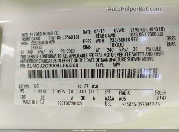 5LMCJ2C99GUJ05308 2016 LINCOLN MKC White Widok komory silnika