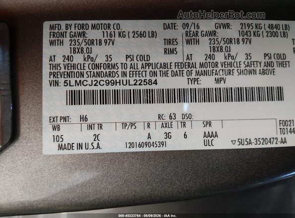 5LMCJ2C99HUL22584 2017 LINCOLN MKC Gray Շարժիչի բաժամունքի տեսք