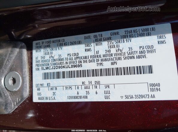 5LMCJ2D90KUL09695 2019 LINCOLN MKC Burgundy Vista del compartimento del motor
