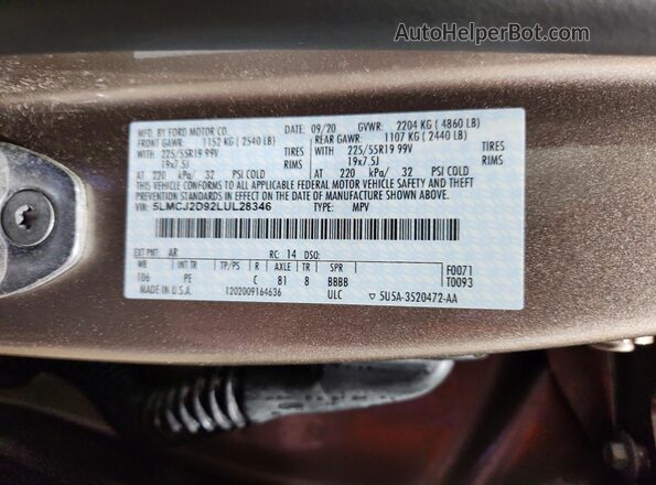 5LMCJ2D92LUL28346 2020 LINCOLN CORSAIR Желто-коричневый Вид наклейки с VIN-кодом
