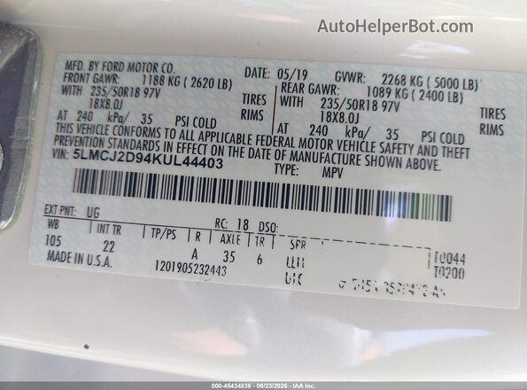 5LMCJ2D94KUL44403 2019 LINCOLN MKC White Widok komory silnika
