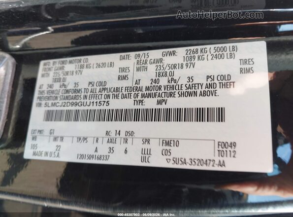 5LMCJ2D99GUJ11575 2016 LINCOLN MKC Black Շարժիչի բաժամունքի տեսք