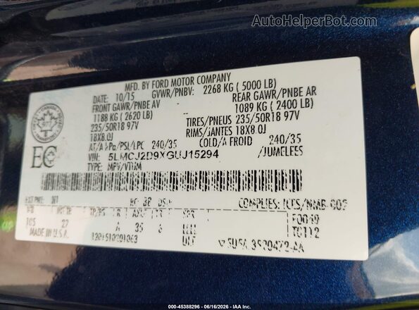 5LMCJ2D9XGUJ15294 2016 LINCOLN MKC Blue Вид наклейки з VIN-кодом