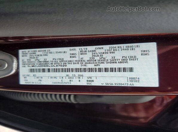 5LMCJ2D9XLUL07020 2020 LINCOLN CORSAIR Maroon 