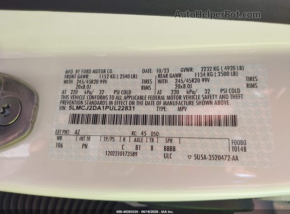 5LMCJ2DA1PUL22831 2023 LINCOLN CORSAIR White Շարժիչի բաժամունքի տեսք