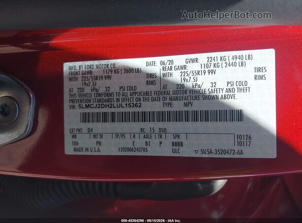 5LMCJ2DH2LUL15362 2020 LINCOLN CORSAIR Red Engine compartment view