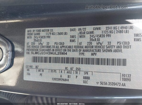 5LMCJ2DH3NUL25904 2022 LINCOLN CORSAIR Gray Շարժիչի բաժամունքի տեսք
