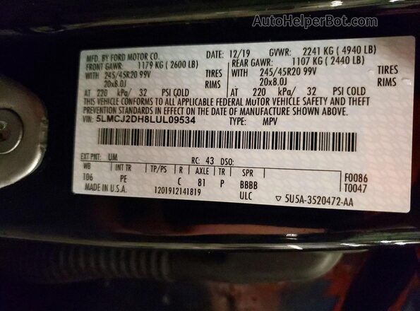 5LMCJ2DH8LUL09534 2020 LINCOLN CORSAIR Black VIN sticker view