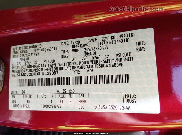 5LMCJ2DHXLUL29087 2020 LINCOLN CORSAIR Red Շարժիչի բաժամունքի տեսք