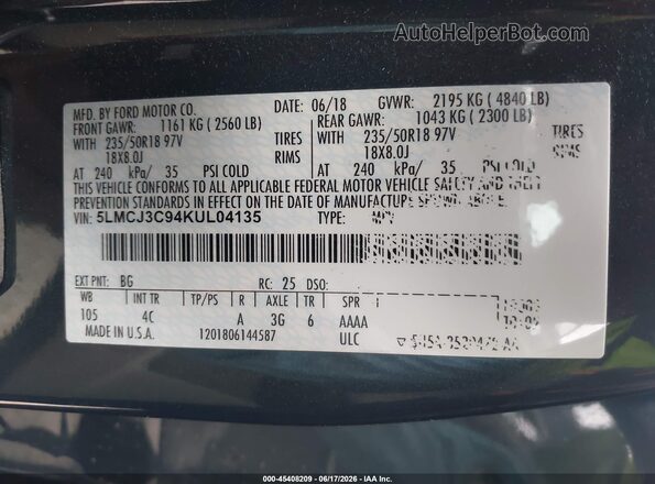 5LMCJ3C94KUL04135 2019 LINCOLN MKC Blue Engine compartment view