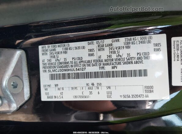5LMCJ3D90HUL54327 2017 LINCOLN MKC Black Вид підкапотного простору