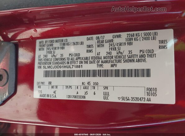 5LMCJ3D91HUL71881 2017 LINCOLN MKC Red ძრავის განყოფილების ხედი