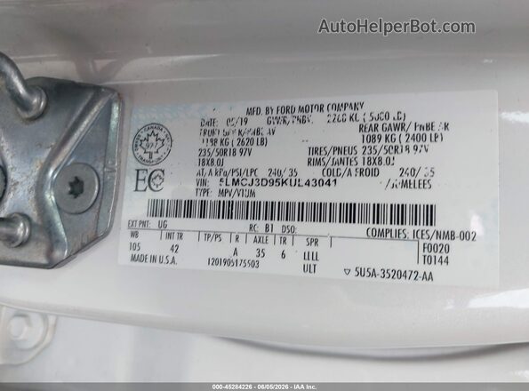 5LMCJ3D95KUL43041 2019 LINCOLN MKC White Շարժիչի բաժամունքի տեսք