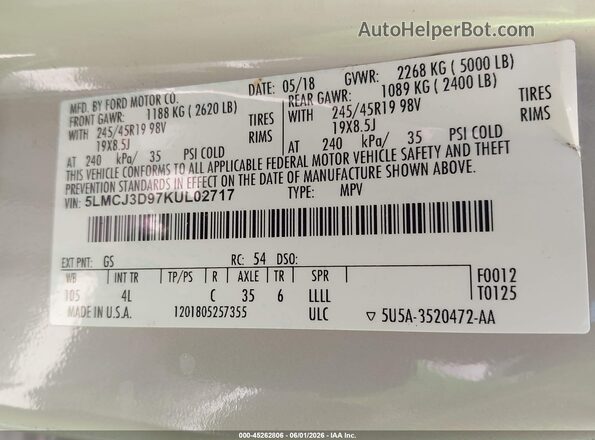 5LMCJ3D97KUL02717 2019 LINCOLN MKC Белый Вид подкапотного пространства