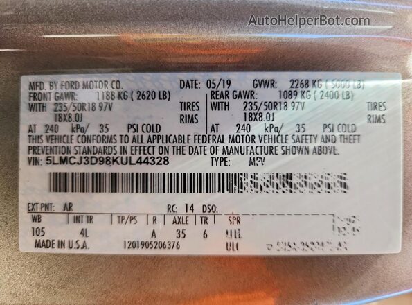 5LMCJ3D98KUL44328 2019 LINCOLN MKC Tan 