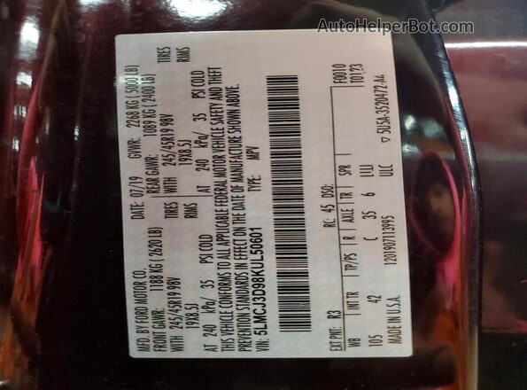 5LMCJ3D98KUL50601 2019 LINCOLN MKC Maroon 