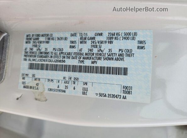 5LMCJ3D9XGUJ20856 2016 LINCOLN MKC White 