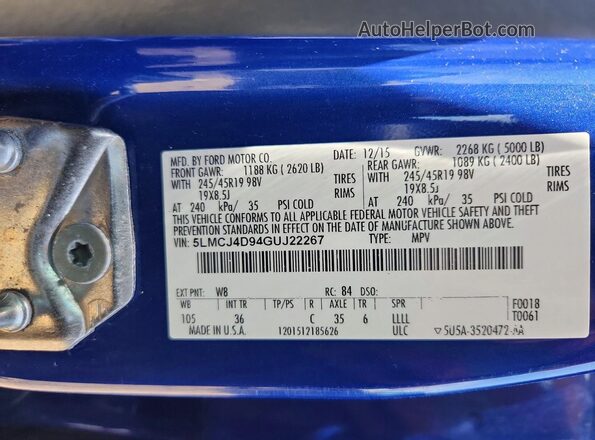 5LMCJ4D94GUJ22267 2016 LINCOLN MKC Blue Вид підкапотного простору
