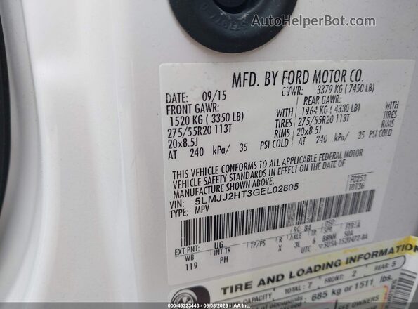 5LMJJ2HT3GEL02805 2016 LINCOLN NAVIGATOR White Widok komory silnika