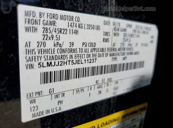 5LMJJ2HT5JEL11237 2018 LINCOLN NAVIGATOR Черный Вид наклейки с VIN-кодом