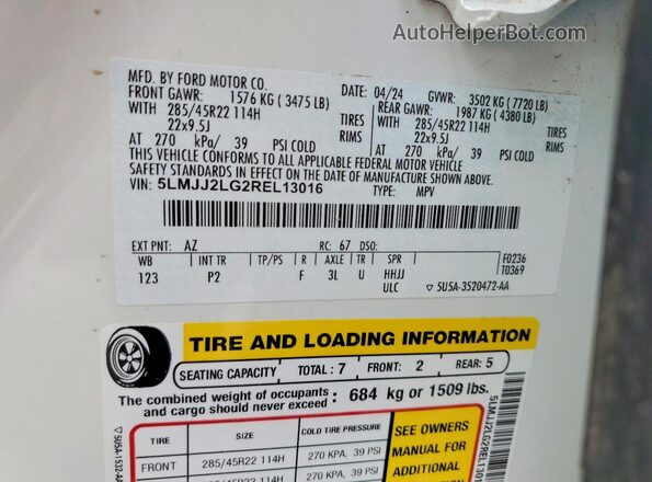 5LMJJ2LG2REL13016 2024 LINCOLN NAVIGATOR White VIN კოდის სტიკერის ხედი