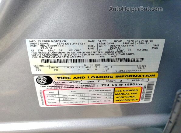 5LMJJ2LG4PEL05982 2023 LINCOLN NAVIGATOR Серебряный Вид наклейки с VIN-кодом