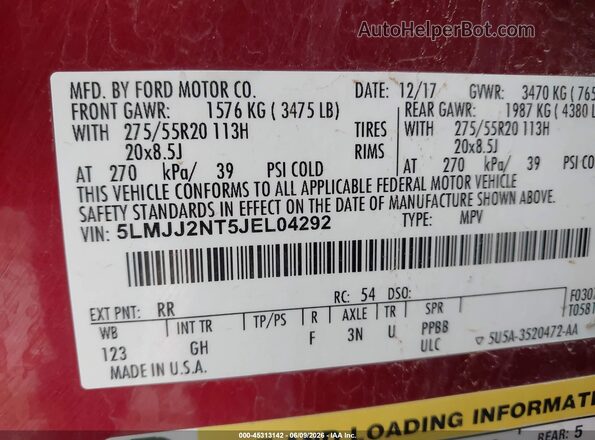 5LMJJ2NT5JEL04292 2018 LINCOLN NAVIGATOR Red Շարժիչի բաժամունքի տեսք