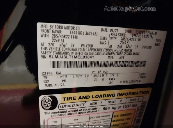 5LMJJ3LT1MEL03041 2021 LINCOLN NAVIGATOR Black Engine compartment view