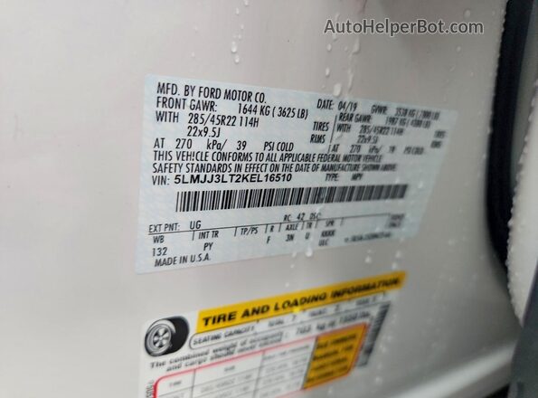 5LMJJ3LT2KEL16510 2019 LINCOLN NAVIGATOR Белый Вид наклейки с VIN-кодом