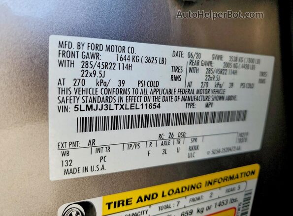 5LMJJ3LTXLEL11654 2020 LINCOLN NAVIGATOR Gold Vista de la etiqueta del VIN