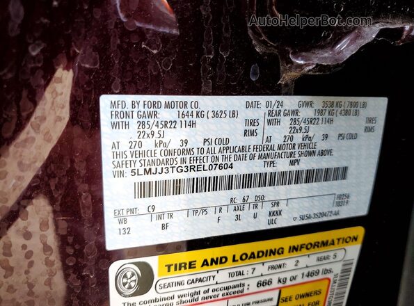 5LMJJ3TG3REL07604 2024 LINCOLN NAVIGATOR Бордовый Вид наклейки с VIN-кодом