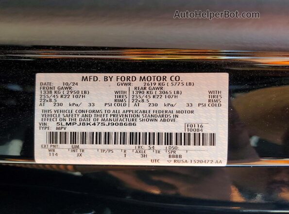 5LMPJ8K47SJ908686 2025 LINCOLN NAUTILUS Black VIN sticker view