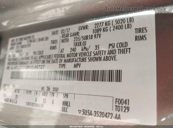 5LMTJ2DH2HUL45727 2017 LINCOLN MKC Серый Вид подкапотного пространства