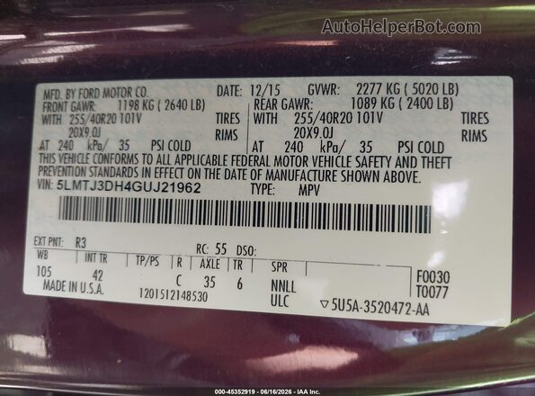 5LMTJ3DH4GUJ21962 2016 LINCOLN MKC Maroon Widok komory silnika