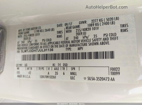 5LMTJ3DH7JUL01136 2018 LINCOLN MKC White Շարժիչի բաժամունքի տեսք