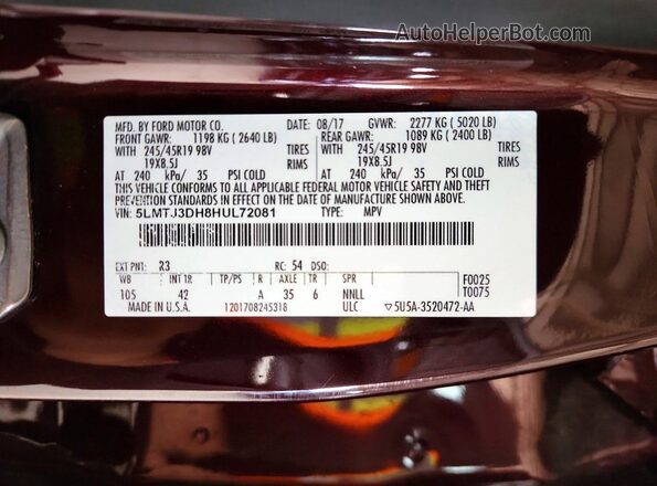 5LMTJ3DH8HUL72081 2017 LINCOLN MKC Burgundy Widok naklejki z numerem VIN