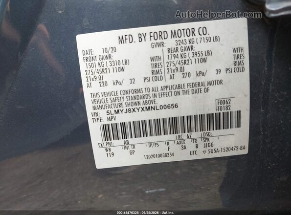 5LMYJ8XYXMNL00656 2021 LINCOLN AVIATOR Light Blue Вид подкапотного пространства