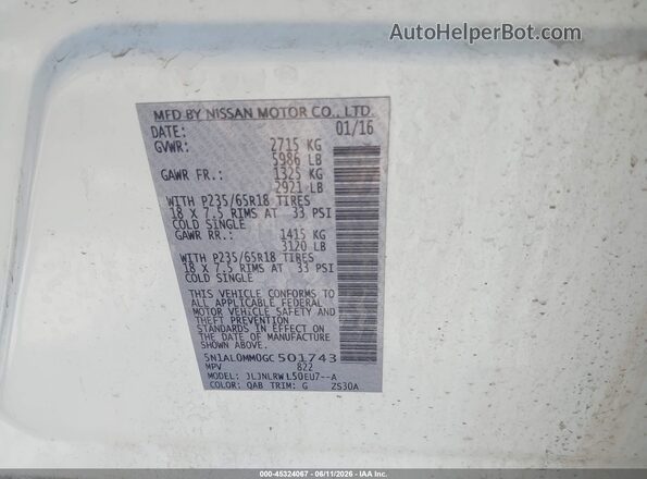 5N1AL0MM0GC501743 2016 INFINITI QX60 White Widok komory silnika