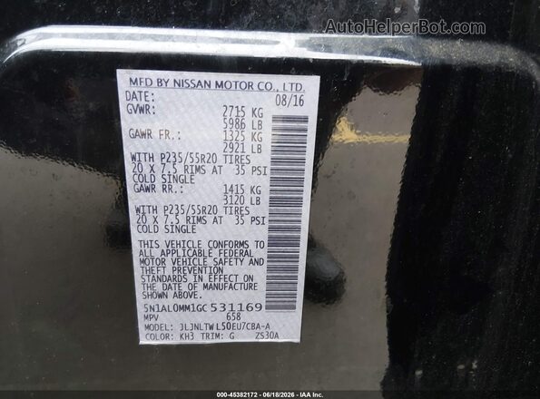5N1AL0MM1GC531169 2016 INFINITI QX60 Black Vista del compartimento del motor