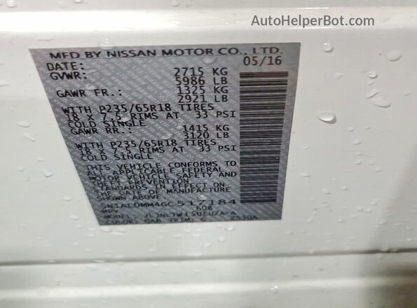5N1AL0MM4GC517184 2016 INFINITI QX60 White VIN կոդի պիտակի տեսք