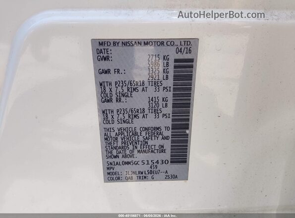 5N1AL0MM5GC515430 2016 INFINITI QX60 White 