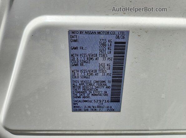 5N1AL0MM5GC529716 2016 INFINITI QX60 Белый Вид наклейки с VIN-кодом