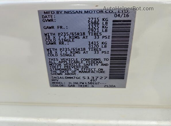 5N1AL0MM7GC513727 2016 INFINITI QX60 Белый Вид наклейки с VIN-кодом