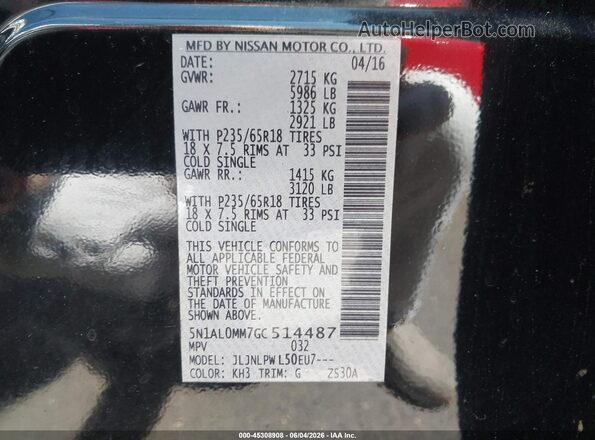 5N1AL0MM7GC514487 2016 INFINITI QX60 Black 