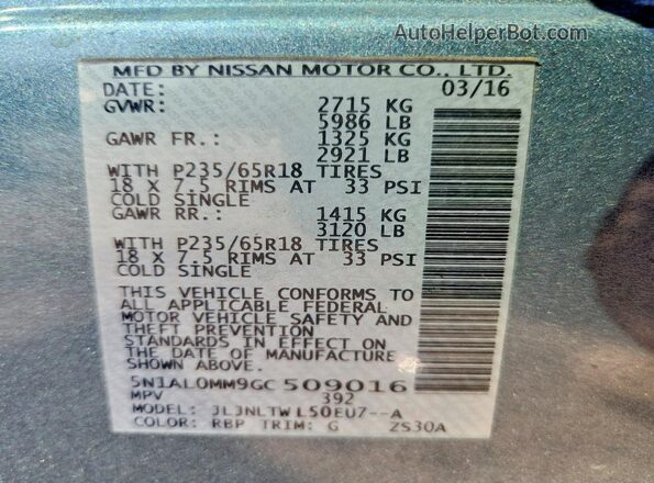 5N1AL0MM9GC509016 2016 INFINITI QX60 Silver VIN კოდის სტიკერის ხედი