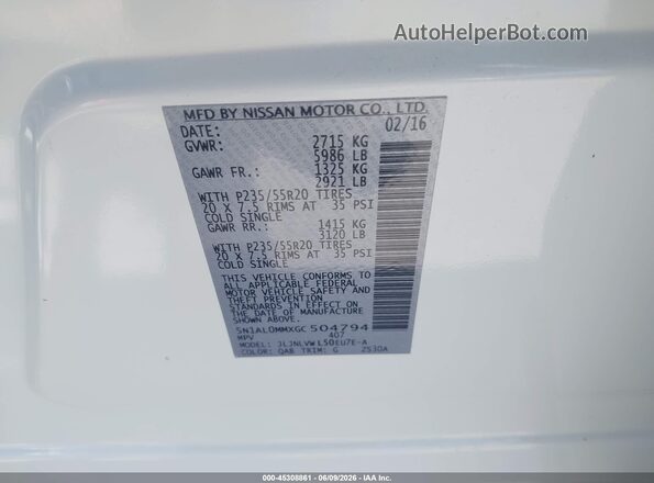 5N1AL0MMXGC504794 2016 INFINITI QX60 Белый Вид подкапотного пространства